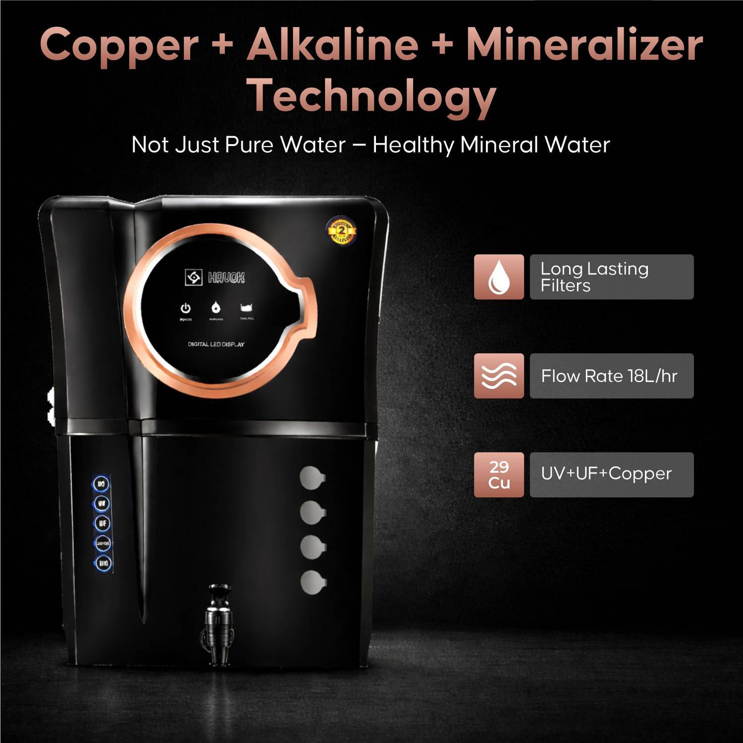 Havok Elite_Round_Display_Black RO + UV + UF Water Purifier Water Purifer With Free Pre Filter - image 2