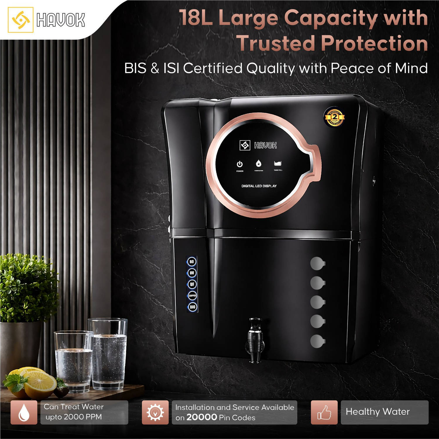 Havok Elite_Round_Display_Black RO + UV + UF Water Purifier Water Purifer With Free Pre Filter - image 3